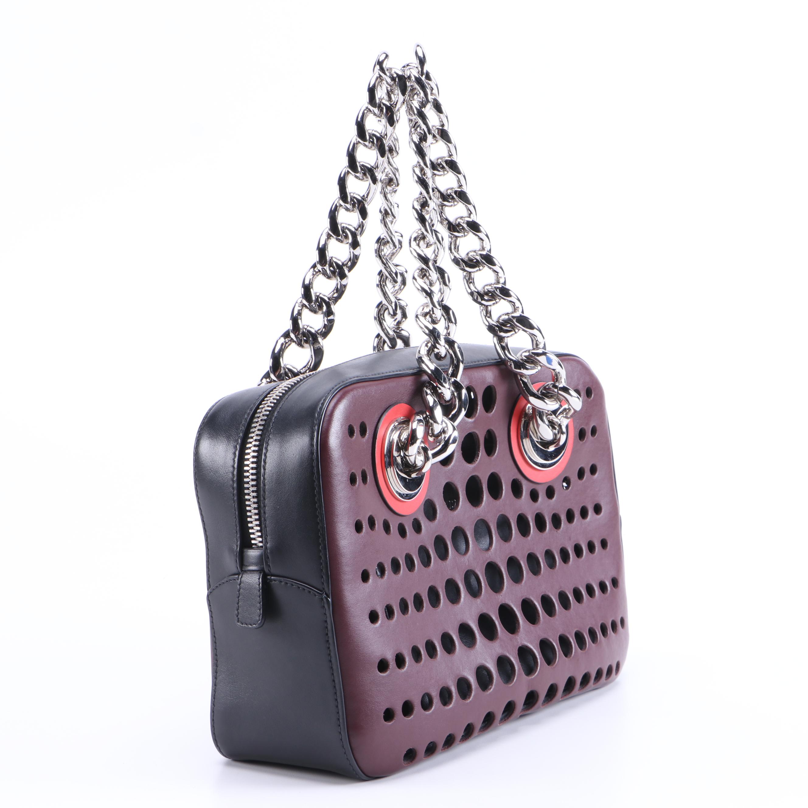 Prada City Fori Shoulder Bag in Burgundy Perforated Leather with Chain Straps