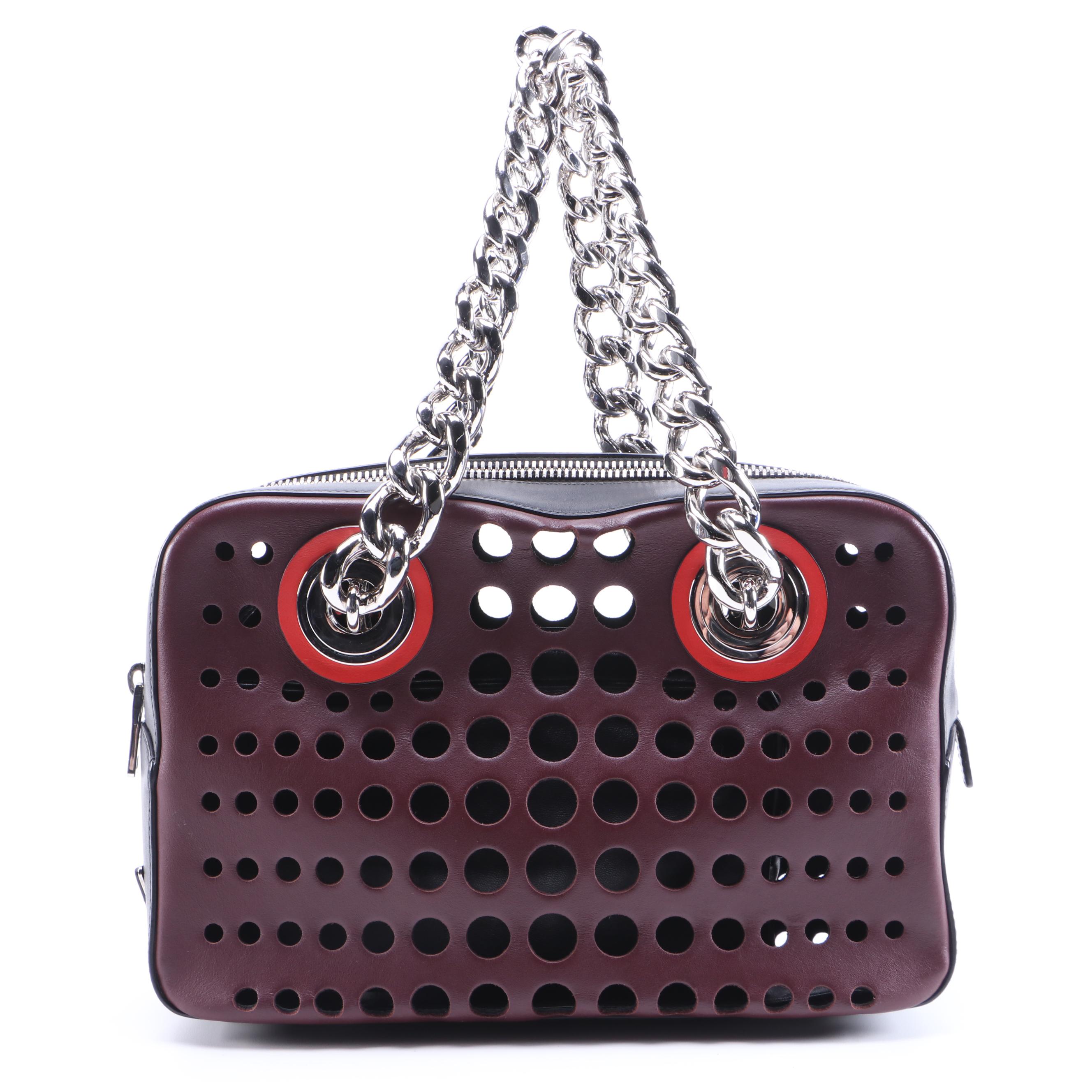 Prada City Fori Shoulder Bag in Burgundy Perforated Leather with Chain Straps