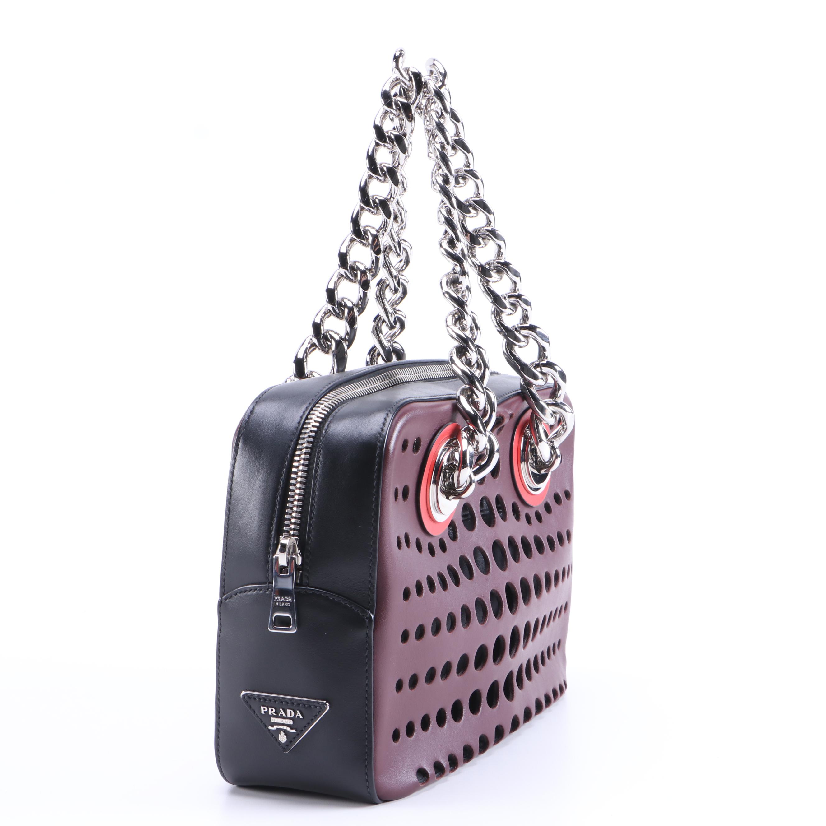Prada City Fori Shoulder Bag in Burgundy Perforated Leather with Chain Straps