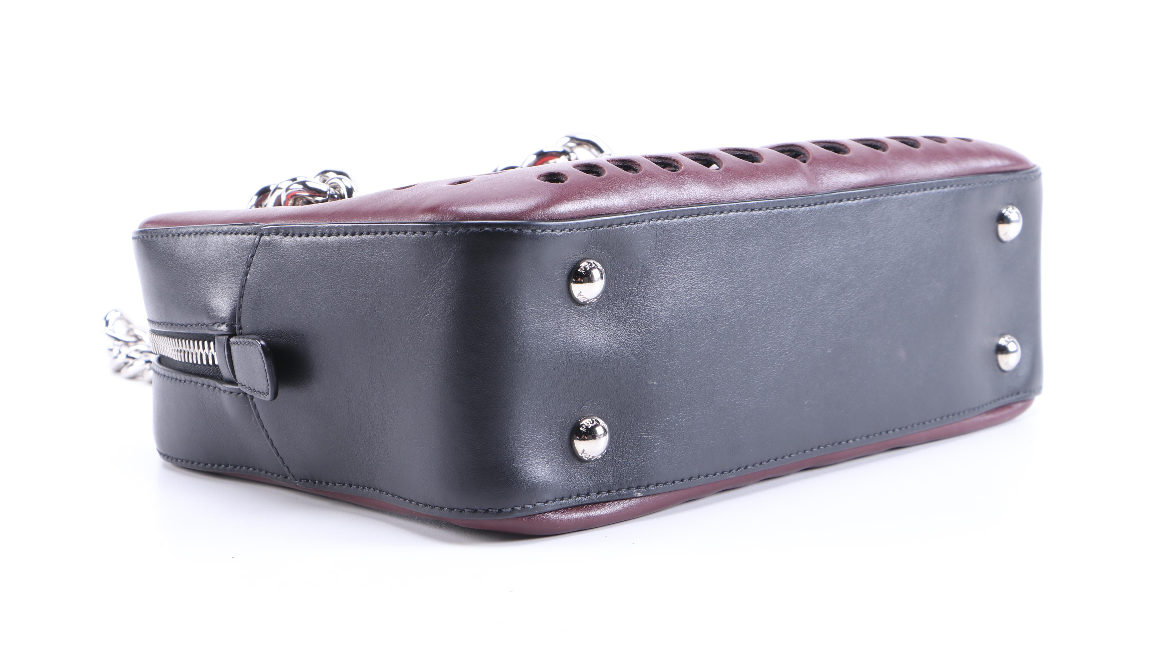 Prada City Fori Shoulder Bag in Burgundy Perforated Leather with Chain Straps