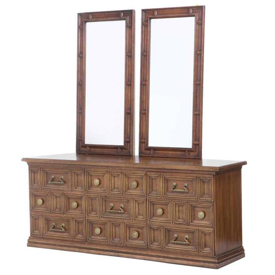Henredon Nine-Drawer Low Chest Plus Two Wall Mirrors