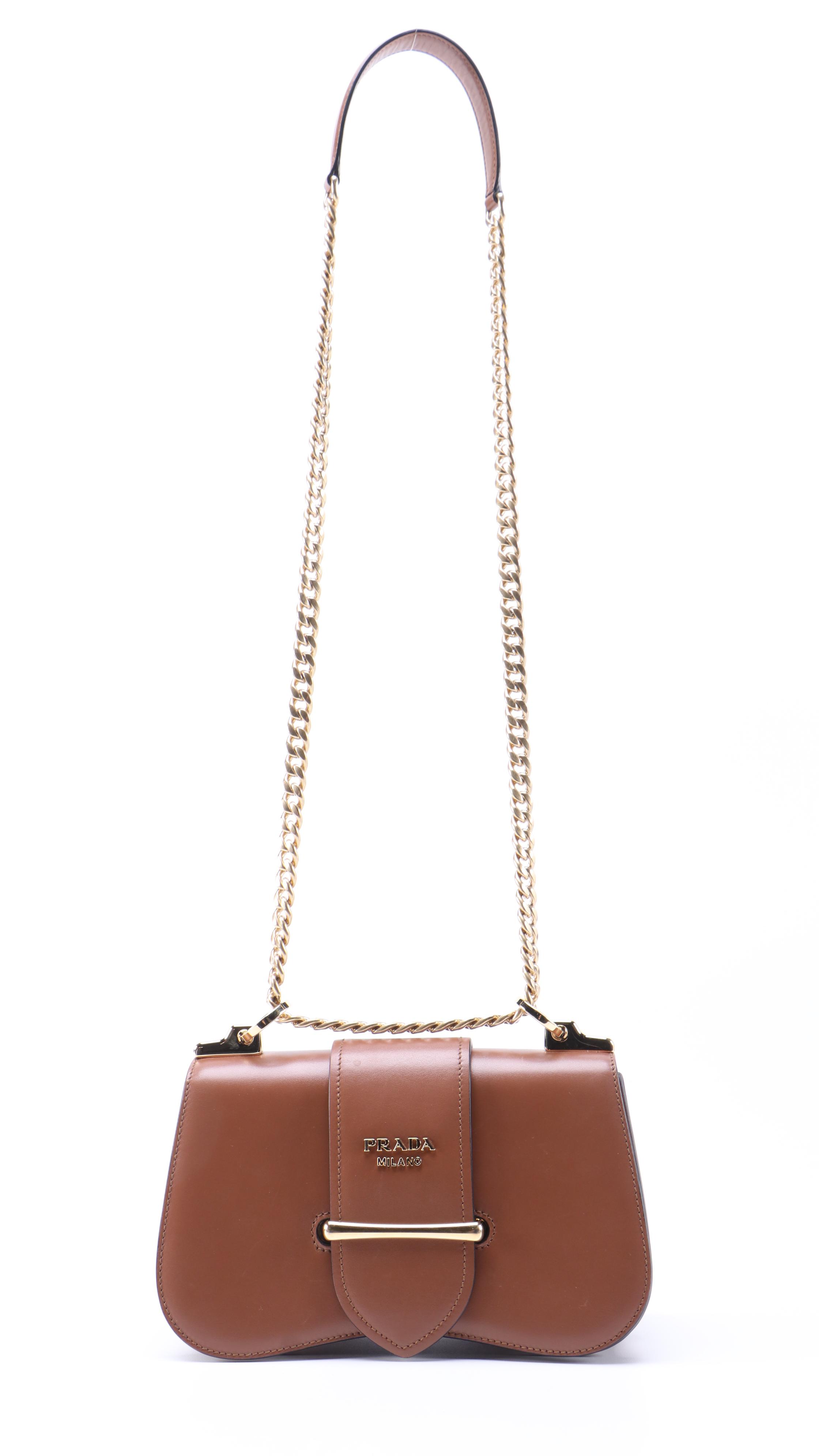 Prada Sidonie Crossbody Bag in Brown Calfskin Leather with Chain Strap