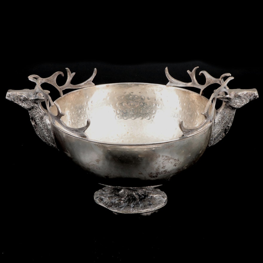 Silver Plate Centerpiece Bowl with Reindeer Handles