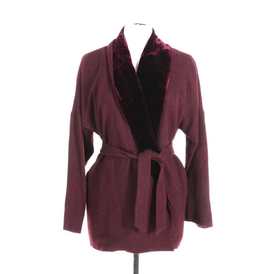 ETRO Cashmere, Silk, and Velvet Open-Front Belted Cardigan, Made in Italy