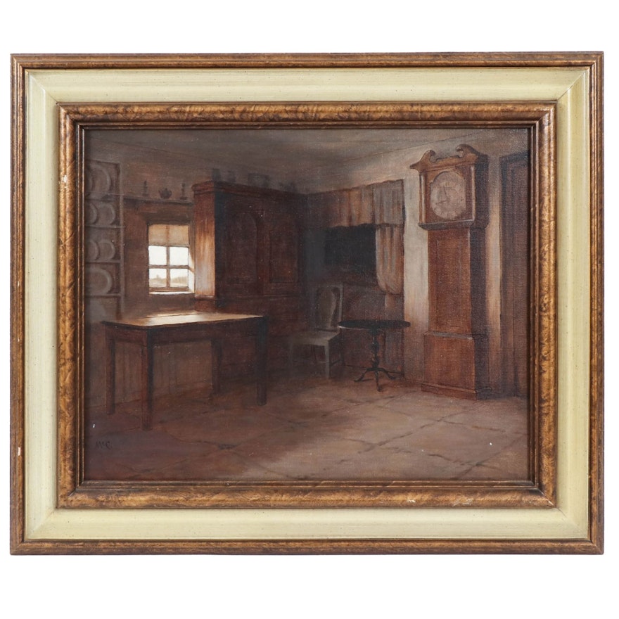 Oil Painting of Primitive Interior, Mid 20th Century
