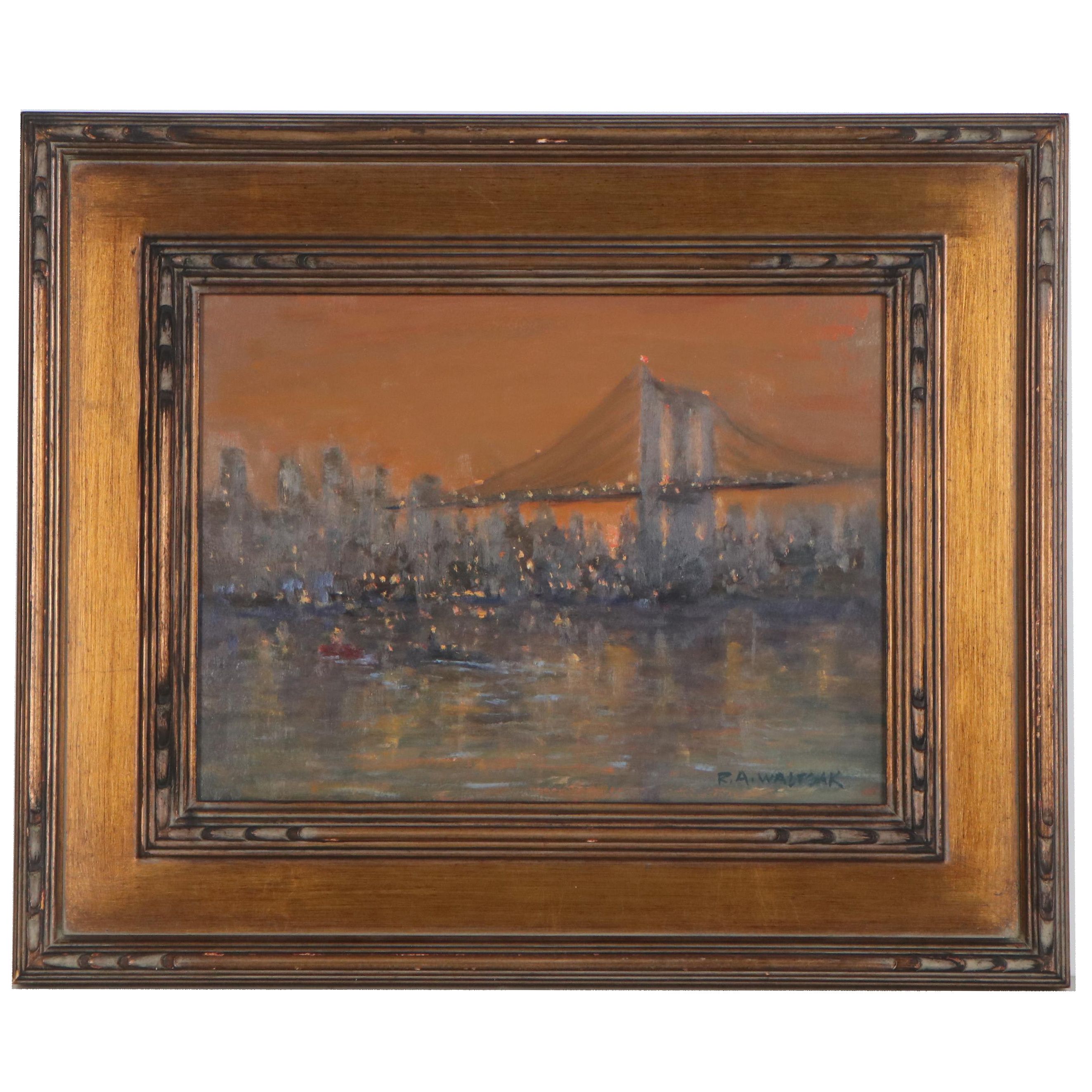 Robert Alan Waltsak Oil Painting of a Twilight Cityscape