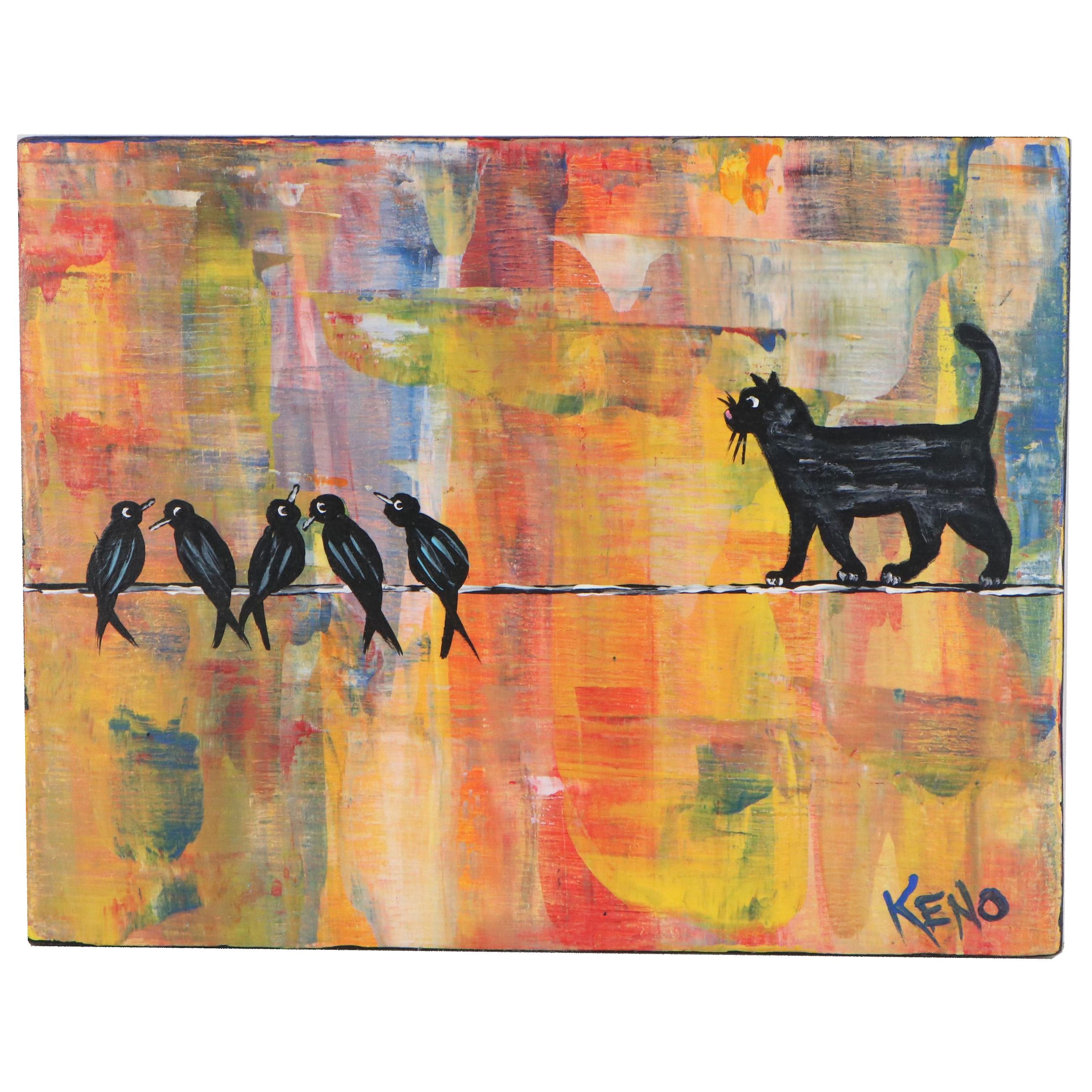 Keno Contemporary Folk Art Acrylic Painting "Out on a Wire," 2020