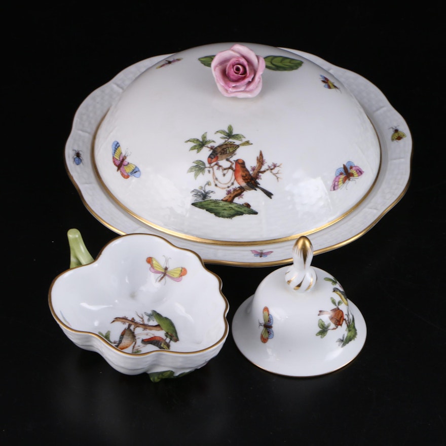 Herend "Rothschild Bird" Porcelain Lidded Muffin Dish with Bowl and Bell