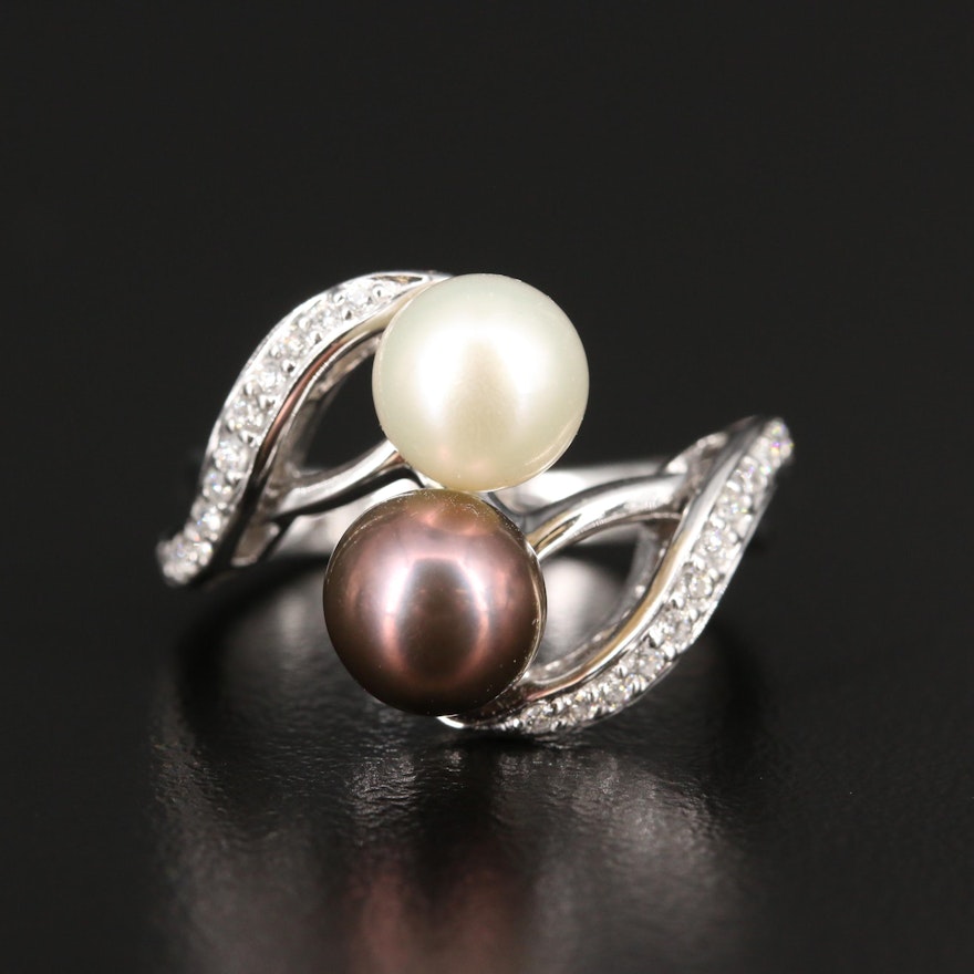 14K Pearl and Diamond Bypass Ring