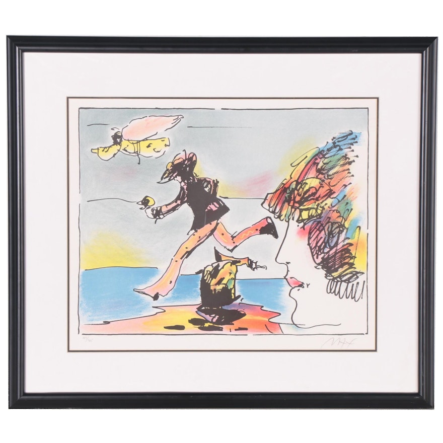 Peter Max Lithograph of Running Figure with Angel, Late 20th Century