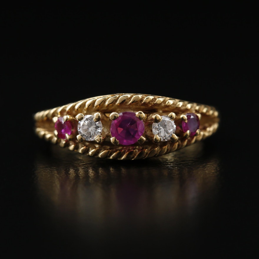 18K Ruby and Diamond Ring with Rope Patterned Edges