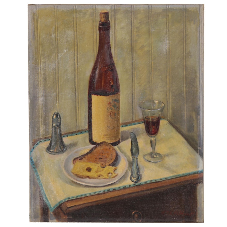 William E. Gebhardt Oil Painting of Cheese and Wine Still Life, 20th Century