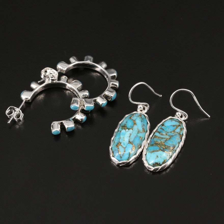 Sterling Turquoise and Faux Turquoise Hoop and Dangle Earrings