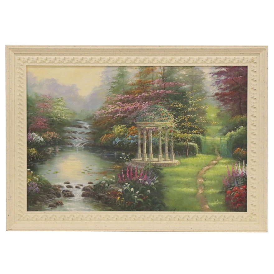 Oil Painting after Thomas Kinkade "Garden of Prayer," Late 20th Century