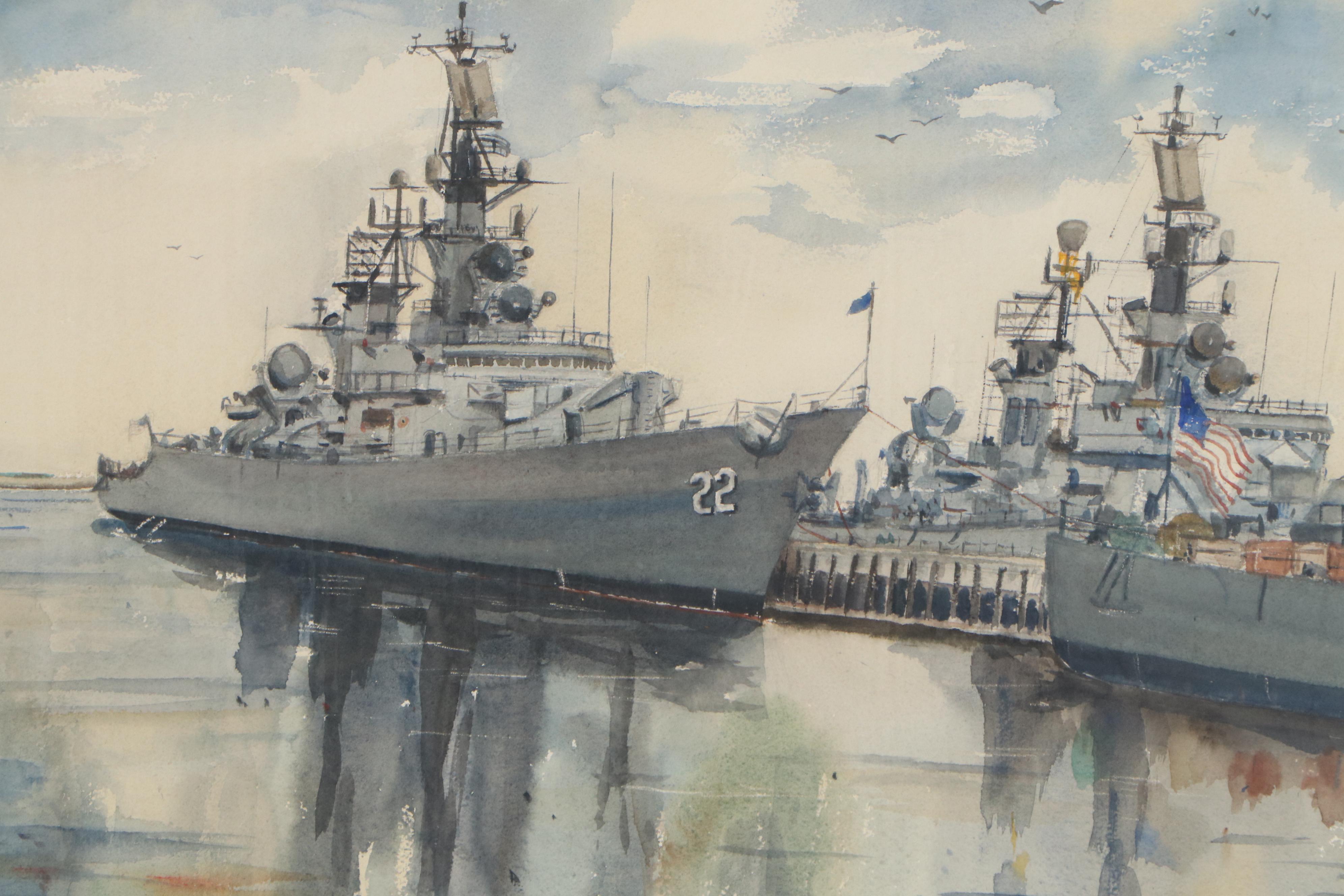 Patricia Johnson Watercolor Painting of Navy Ships, 1964