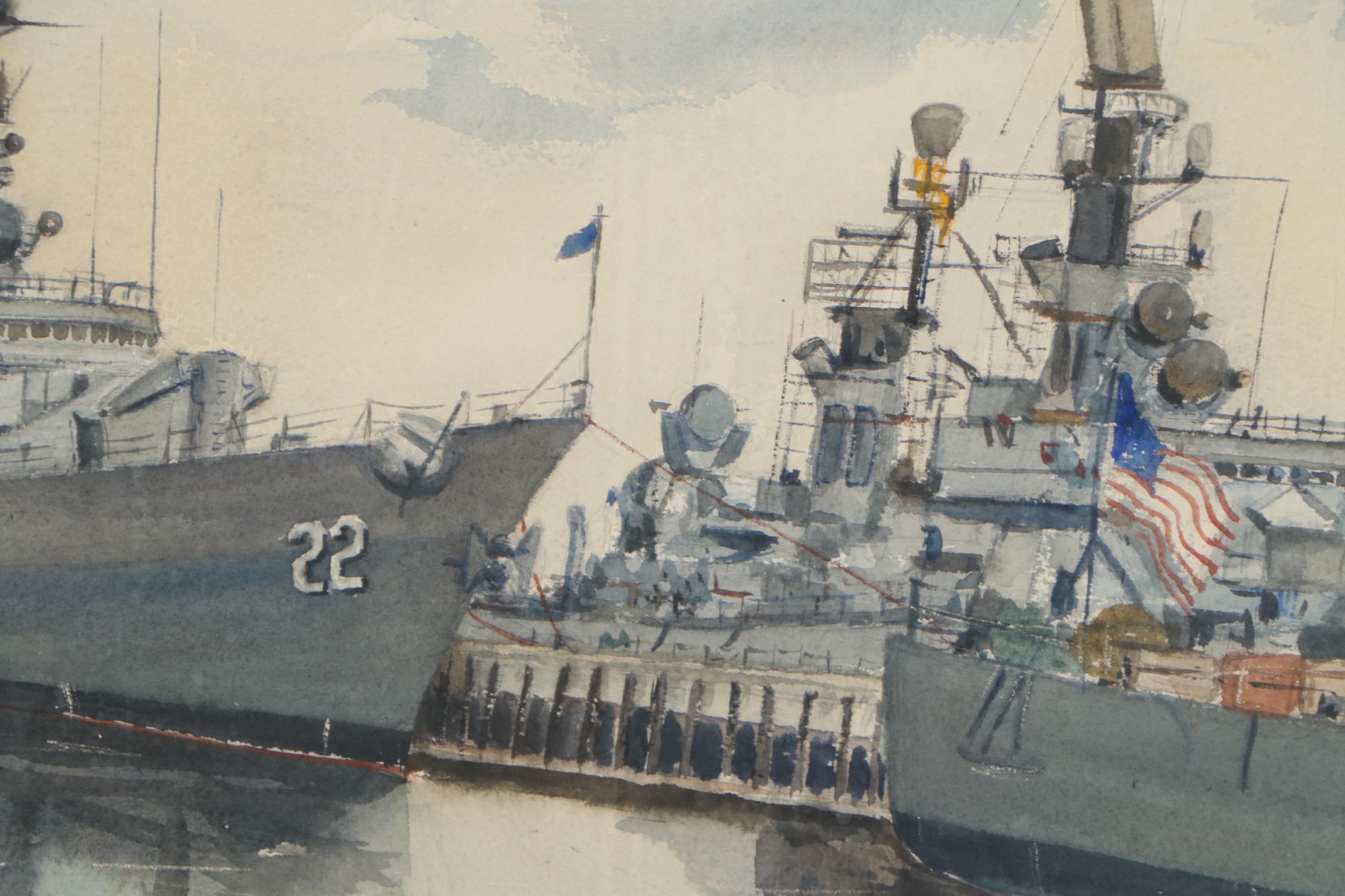 Patricia Johnson Watercolor Painting of Navy Ships, 1964