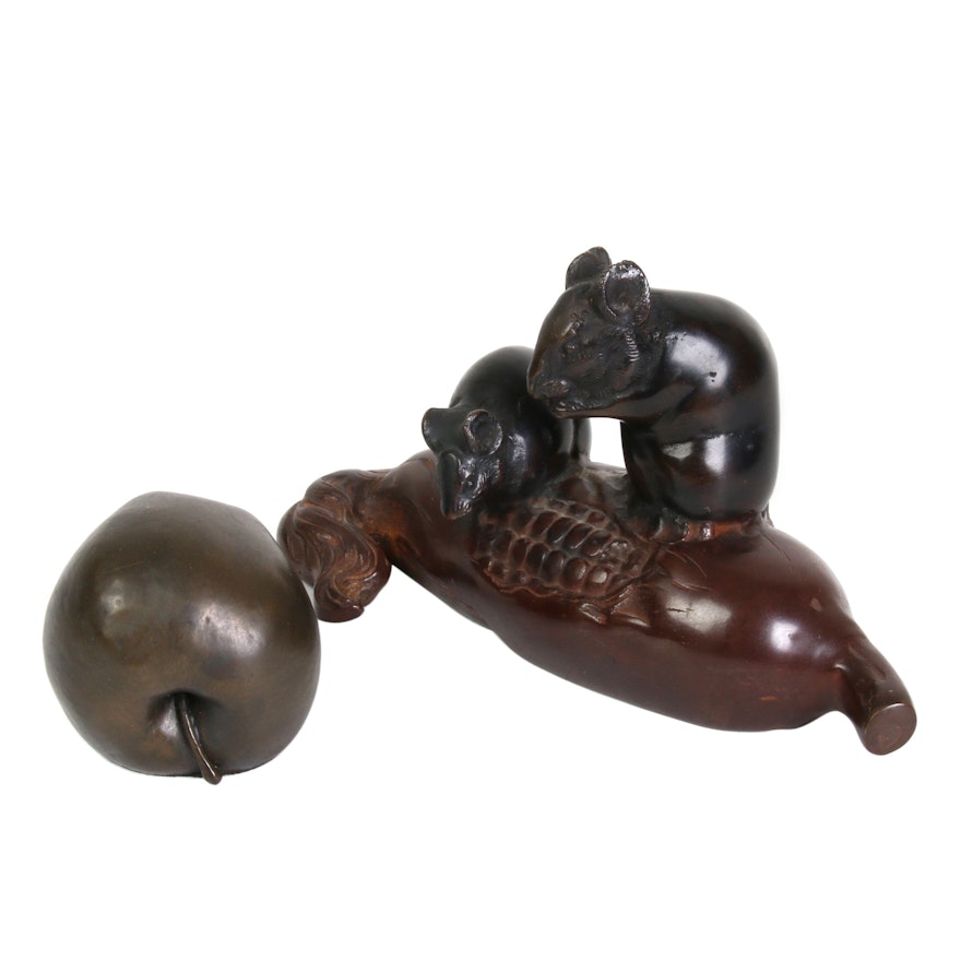 Bronze Figurines Including Field Mice and Apple