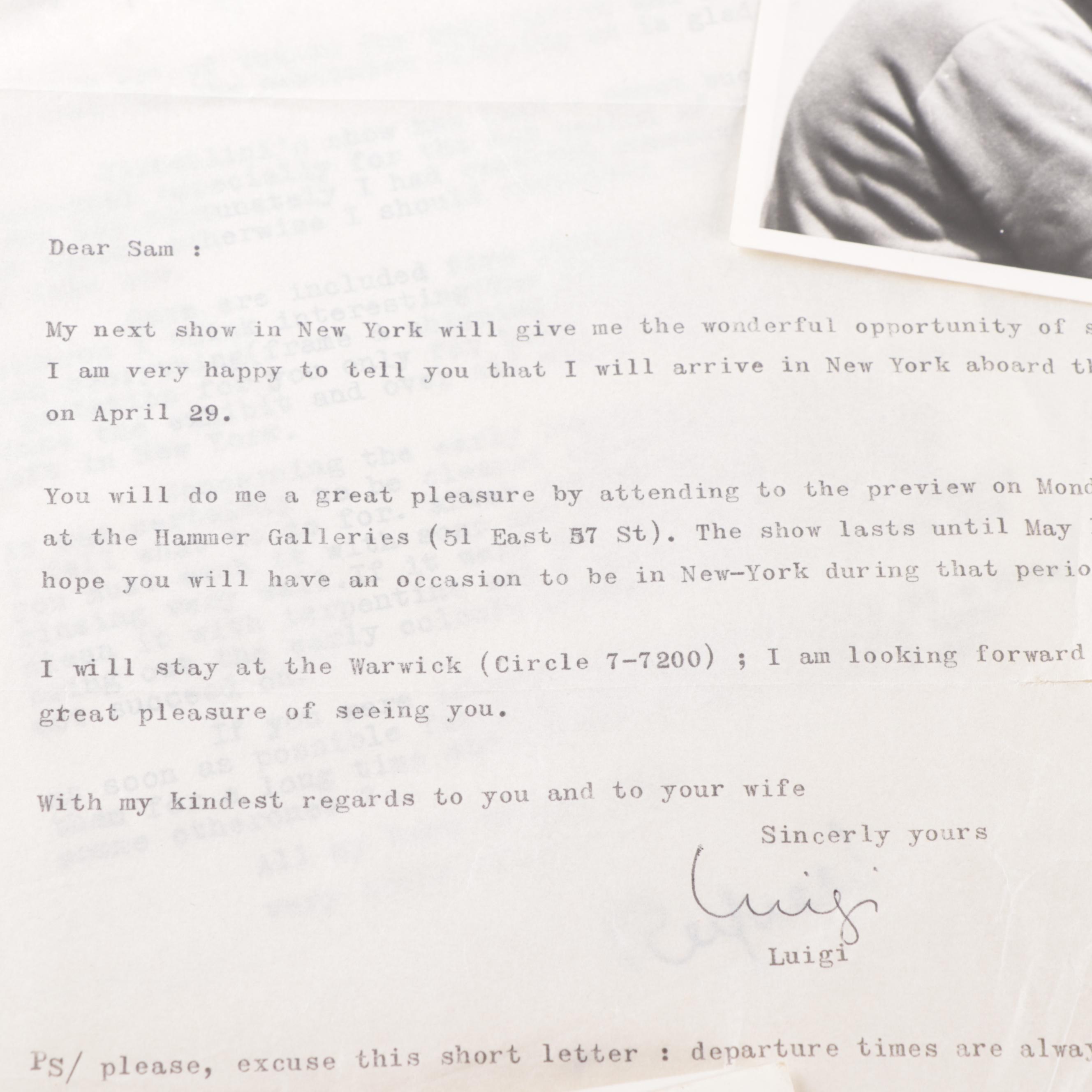 Artist Luigi Corbellini Vintage Prints, Personal Photos and Written Letter