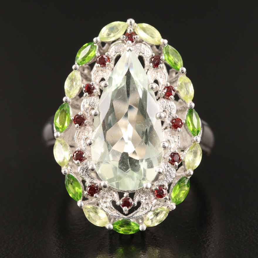 Sterling Silver Prasiolite, Garnet and Peridot Ring