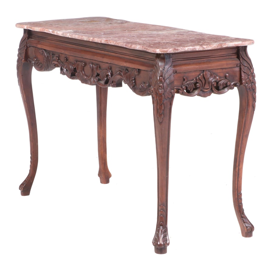 Chinese Carved Hardwood and Red Marble Top Console Table