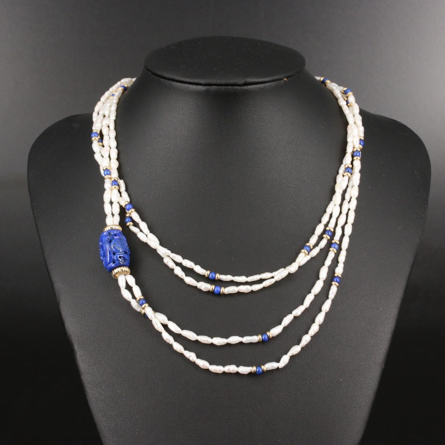 Endless Double Strand Pearl Necklace with Lapis Lazuli Pendant and 14K Beads