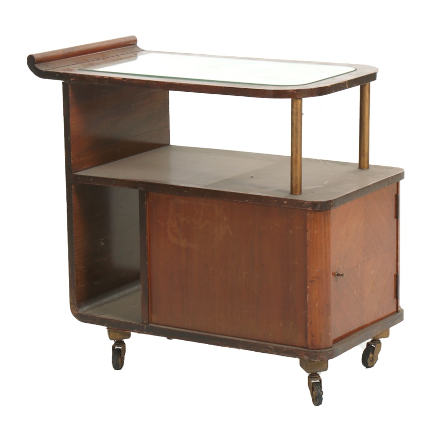 Art Deco Walnut Veneered Mirror Top Bar Cart, circa 1930s