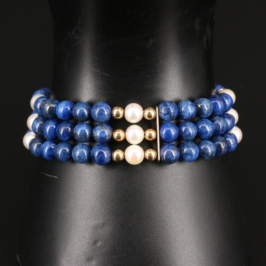 Triple Row Lapis Lazuli and Pearl Bracelet with 14K Beads and Clasp