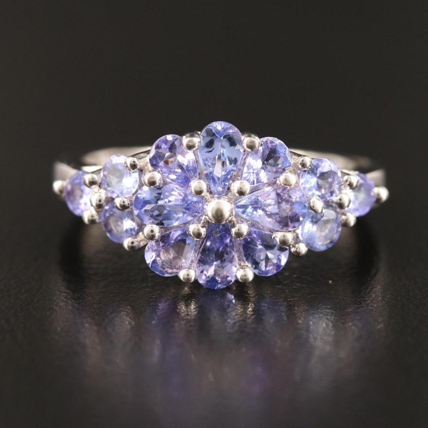 Sterling Silver Tanzanite Cluster Ring Featuring Floral Center Design