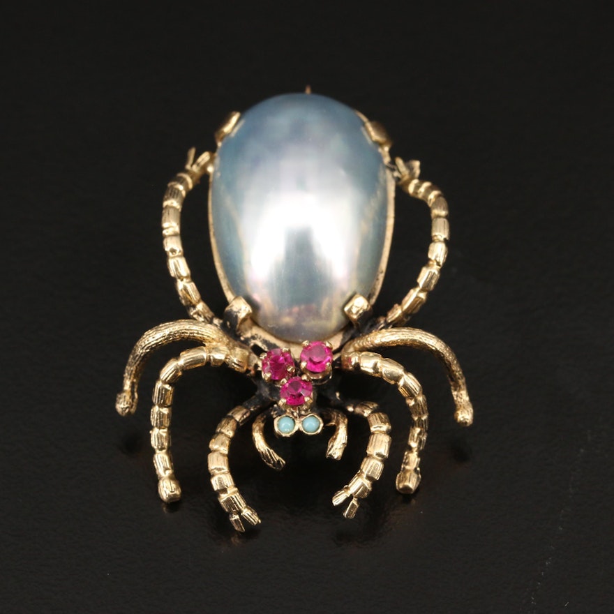 Vintage 14K Mabé Pearl and Ruby Spider Brooch