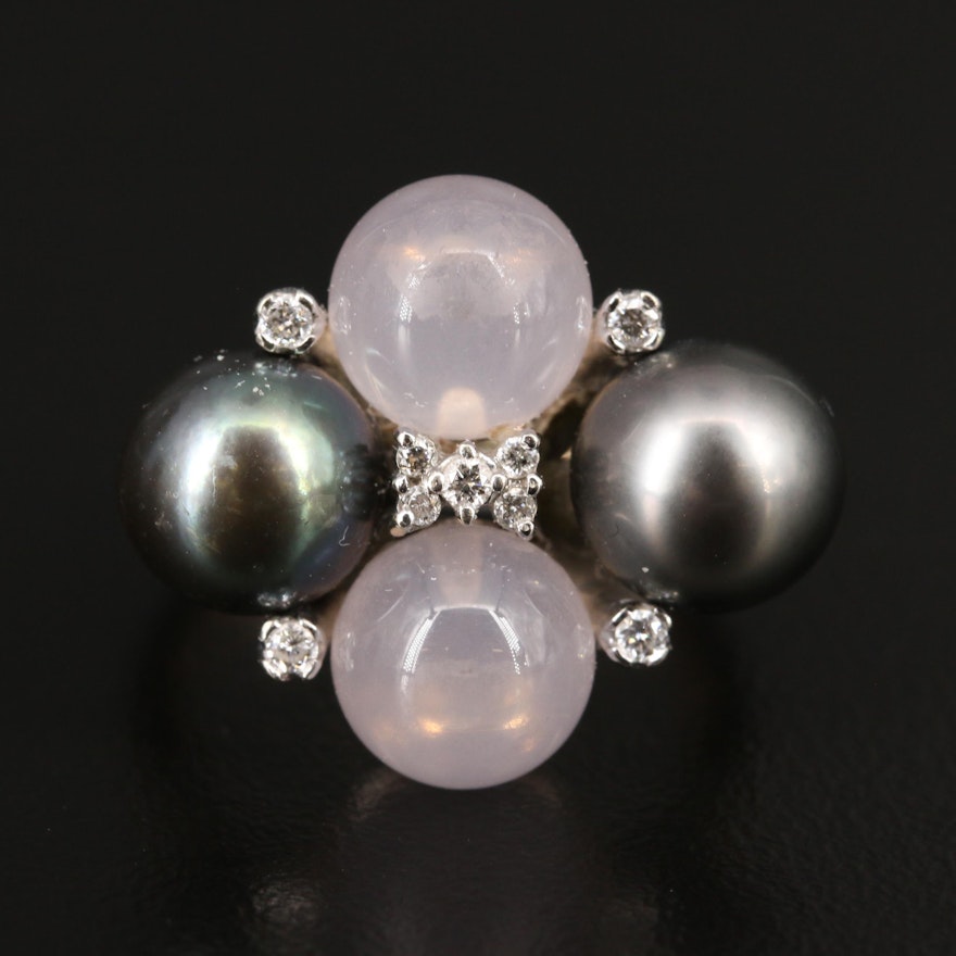 14K Rose Quartz, Pearl and Diamond Ring