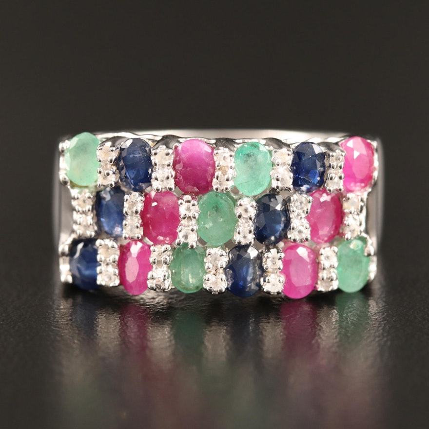 Sterling Silver Emerald, Sapphire and Corundum Ring with Patterned Design