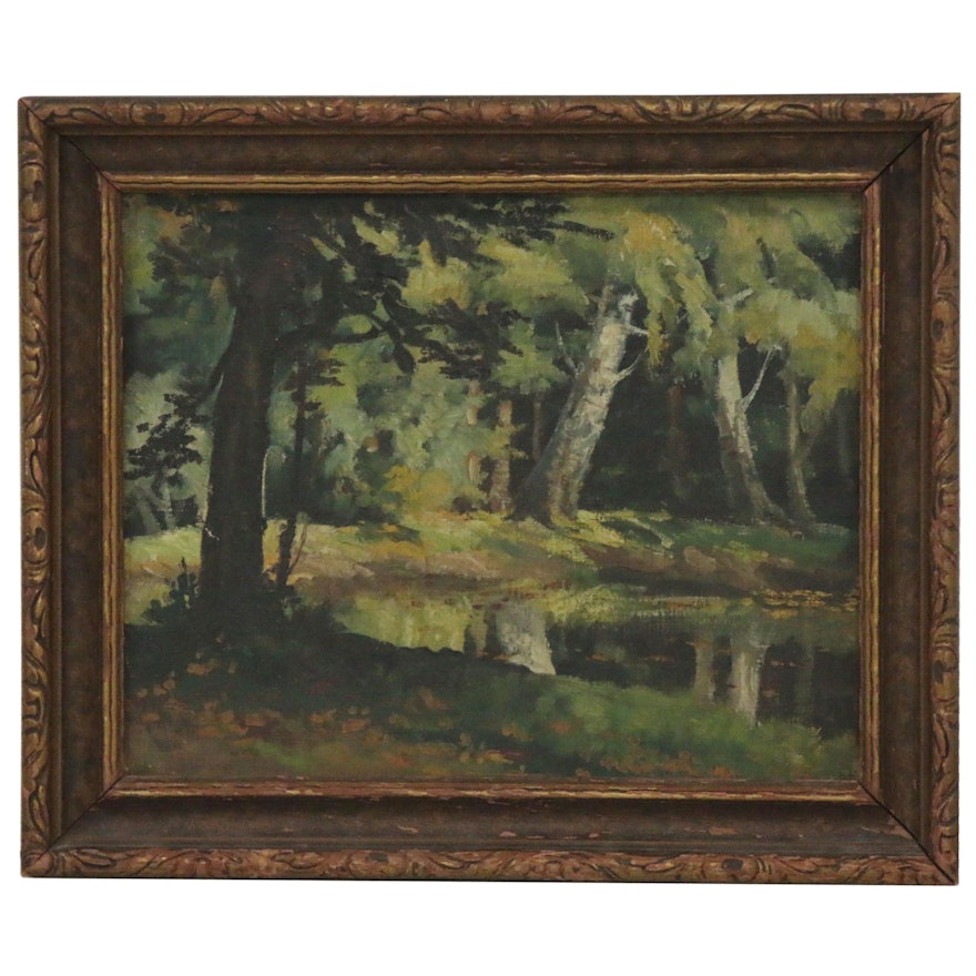 Oil Painting of Lakeside Scene, Late 20th Century