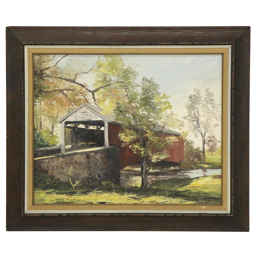Marilyn Dwyer Oil Painting of Covered Bridge, Late 20th Century