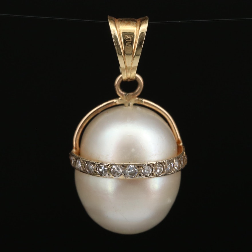 Vintage 14K Diamond and Pearl Drop Pendant