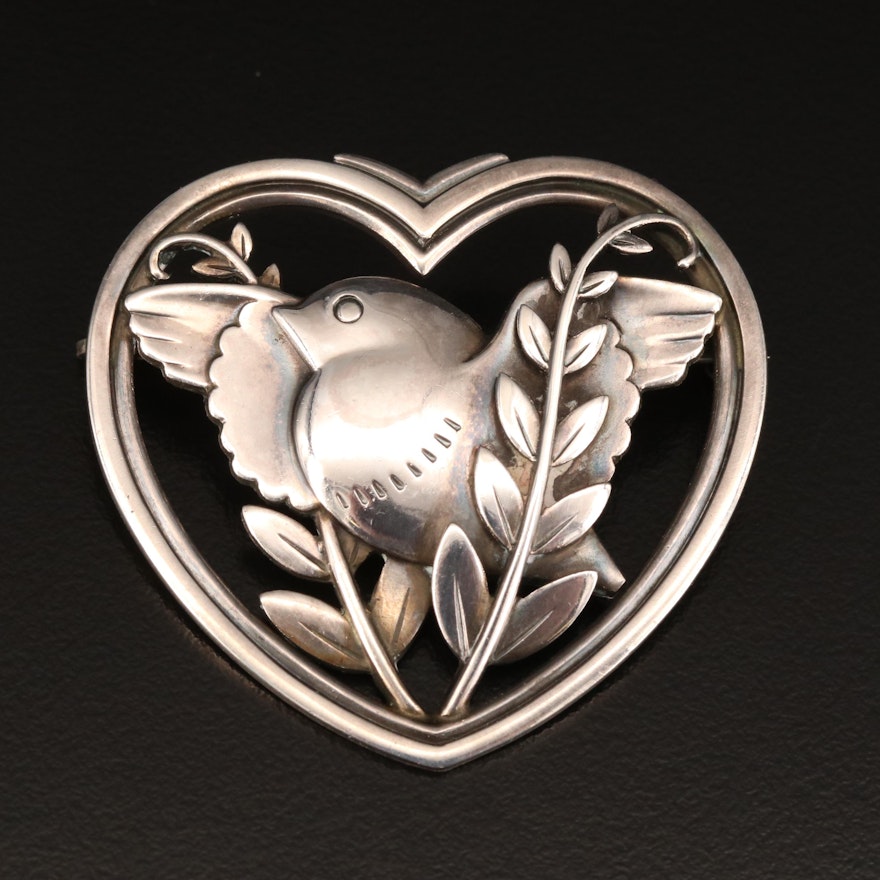 1930s Georg Jensen Sterling Dove with Olive Branch Heart Brooch