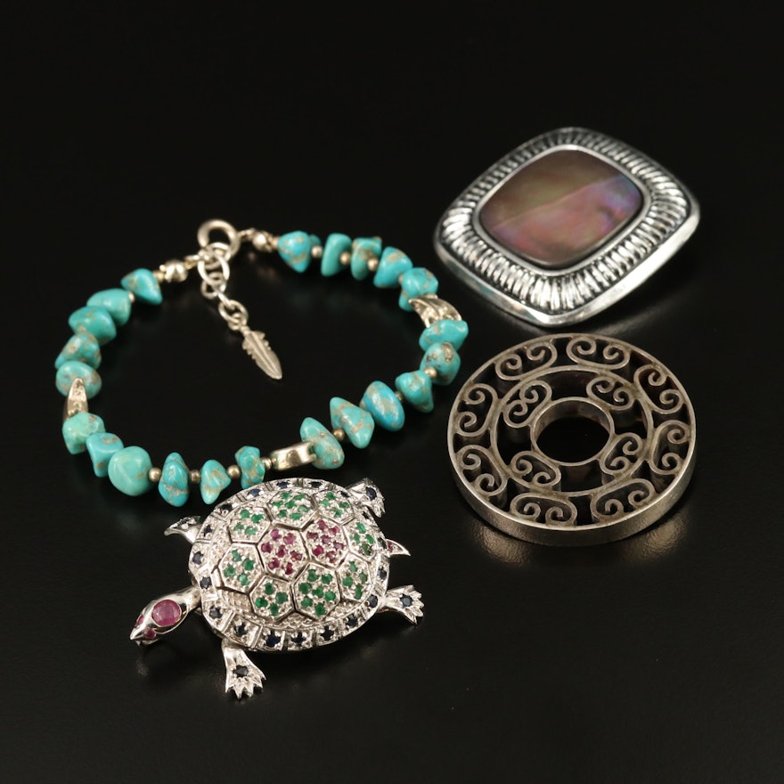 Sterling Silver Gemstone Brooches and Bracelet Including Turtle Brooch