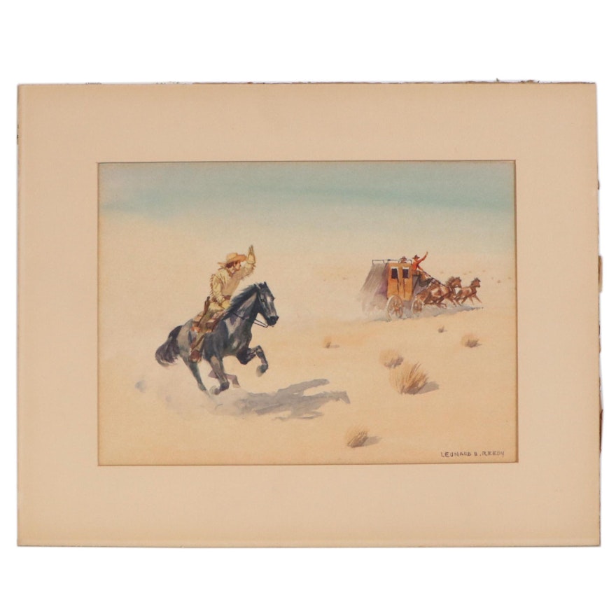 Leonard Reedy Watercolor Painting "Stage and Pony Express," Early 20th Century