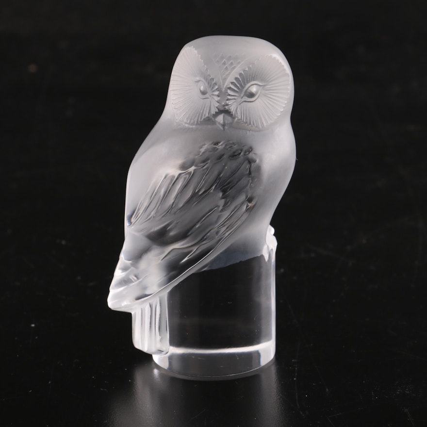 Lalique Frosted Crystal Owl Paperweight