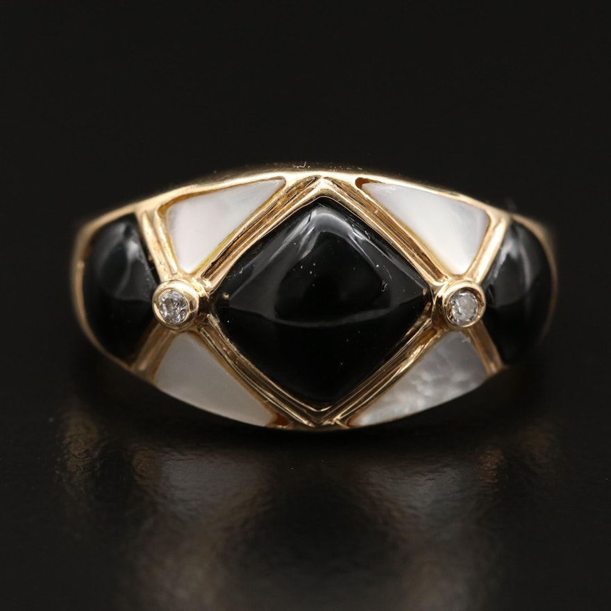 14K Inlaid Black Onyx and Mother of Pearl Harlequin Ring with Diamond Accents