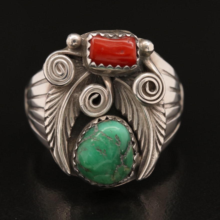 Signed Western Sterling Variscite and Coral Ring