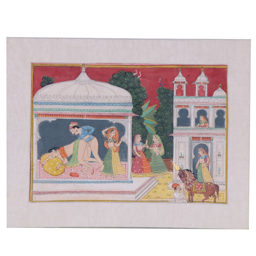 Indian Rajput Style Erotic Gouache Painting, 20th Century