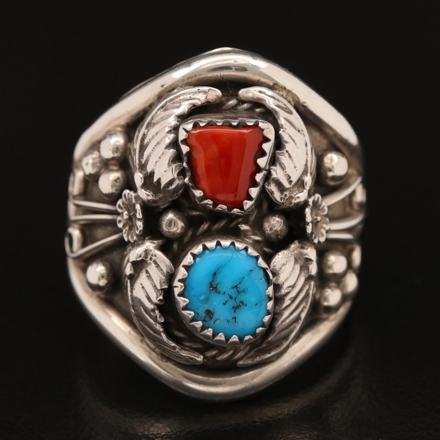 Signed Western Sterling Coral and Turquoise Ring