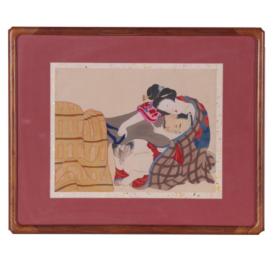 Japanese Erotic Shunga Ink and Gouache Painting, 20th Century