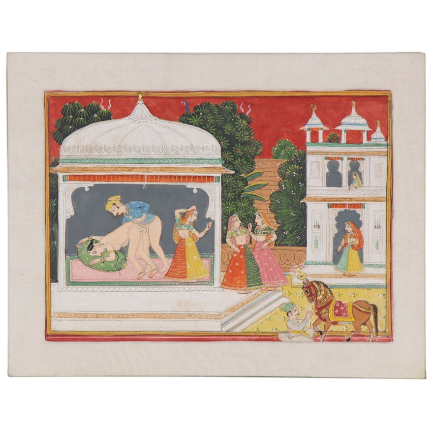 Indian Rajput Style Erotic Gouache Painting, 20th Century