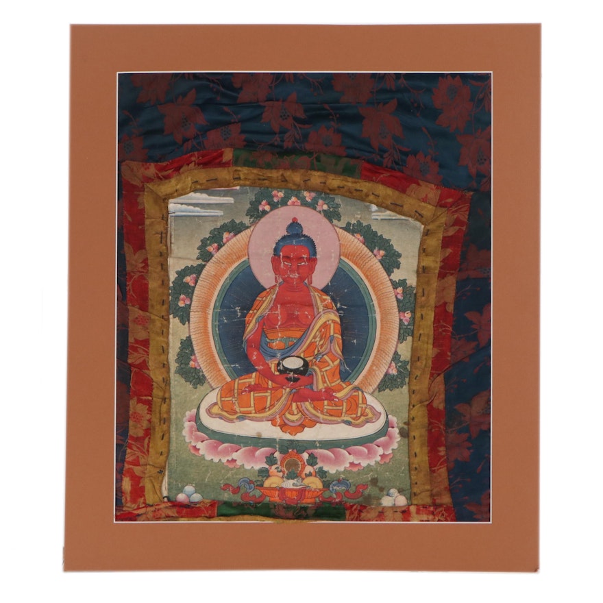 Tibetan Style Thangka Gouache Painting of Amitabha Buddha, 20th Century