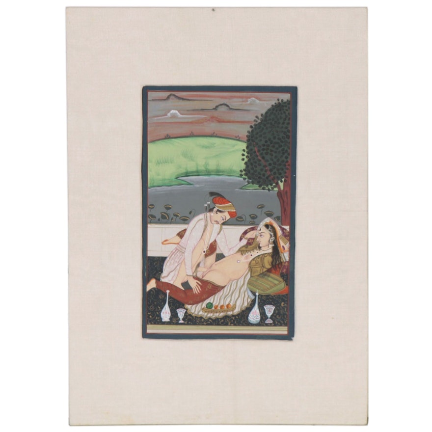 Indian Rajput Style Erotic Gouache Painting, 20th Century