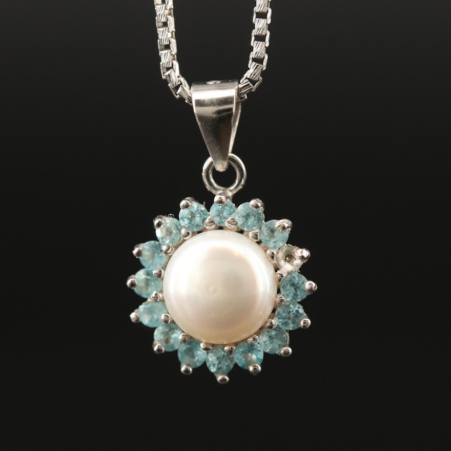 Sterling Silver Pearl and Apatite Pendant Necklace