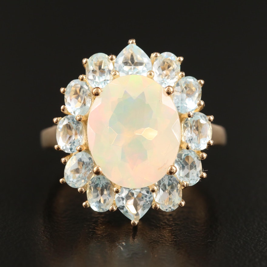 Sterling Silver Opal and Topaz Halo Cocktail Ring