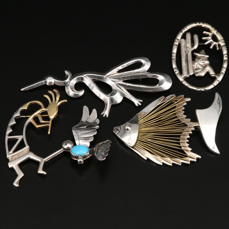 Southwestern Style Sterling Silver Whimsical Figural Brooches