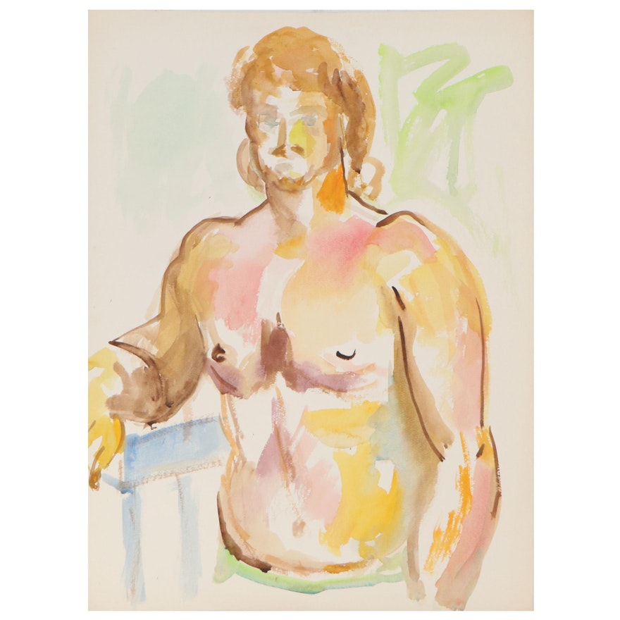 Yolanda Fusco Male Figure Watercolor Painting, Mid to Late 20th Century